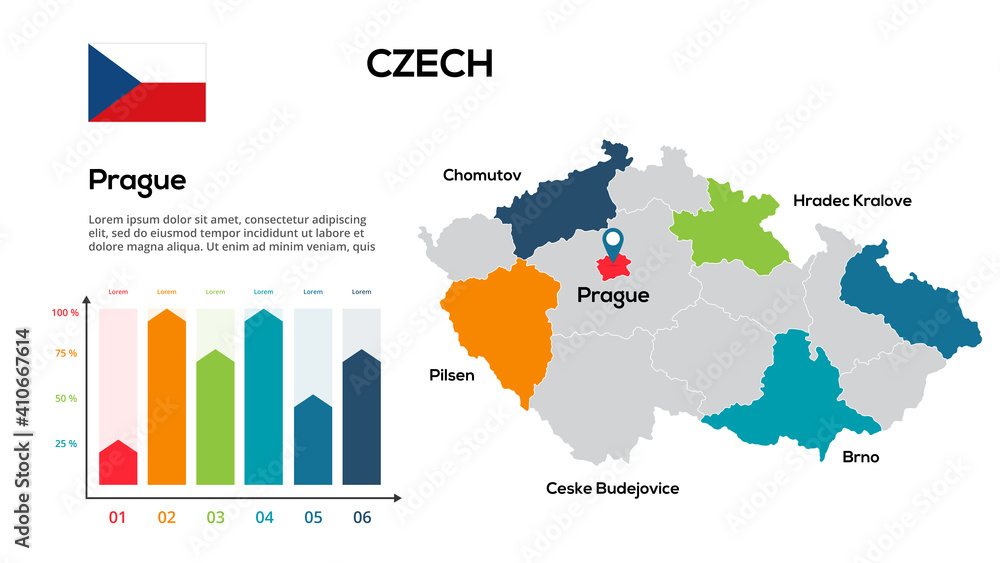 Obraz premium Czech map. Vector image of a global map in the form of regions of Czech regions. Country flag. Infographic timeline. Easy to edit