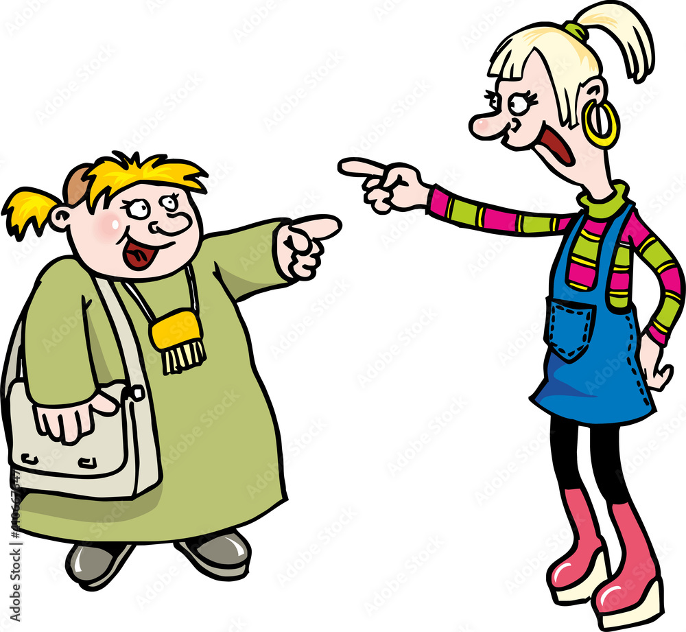 Fat and slender girls point index finger at each other, call names. Hand-drawn teenagers isolated on white background. Flat infographics. Vector illustration in cartoon style. Fat and slender girls point index finger at each other, call names. Hand-drawn teenagers isolated on white background. Flat infographics. Vector illustration in cartoon style.