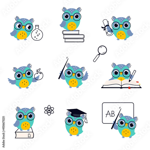 Wise Owl Wearing Glasses in Various Actions Set, Cute Bird Teacher Cartoon Character Teaching at Lesson Vector Illustration