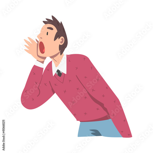Man Character Holding Hand Near Mouth and Shouting or Screaming Loud to the Side Vector Illustration