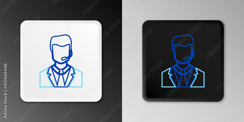 Line Man with a headset icon isolated on grey background. Support operator in touch. Concept for call center, client support service. Colorful outline concept. Vector. Line Man with a headset icon isolated on grey background. Support operator in touch. Concept for call center, client support service. Colorful outline concept. Vector.