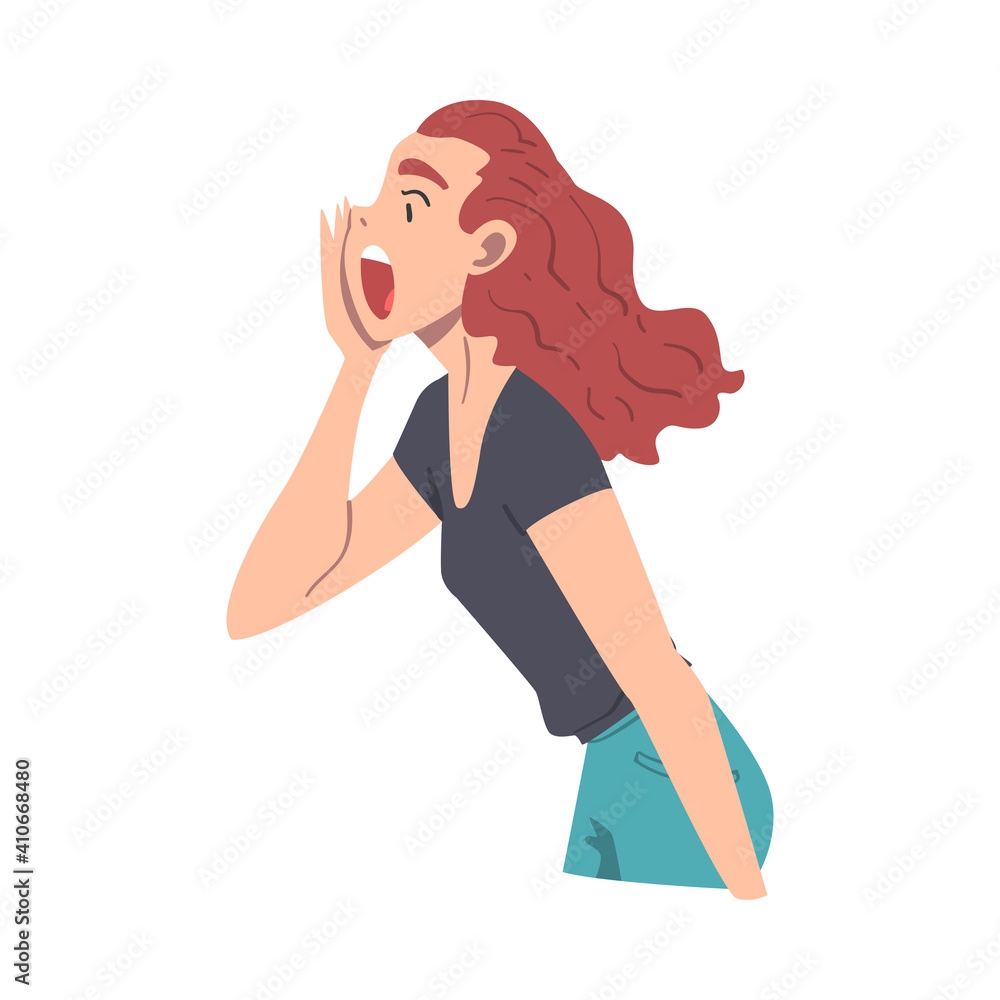 Woman Character Holding Hand Near Mouth and Shouting or Screaming Loud to the Side Vector Illustration Woman Character Holding Hand Near Mouth and Shouting or Screaming Loud to the Side Vector Illustration