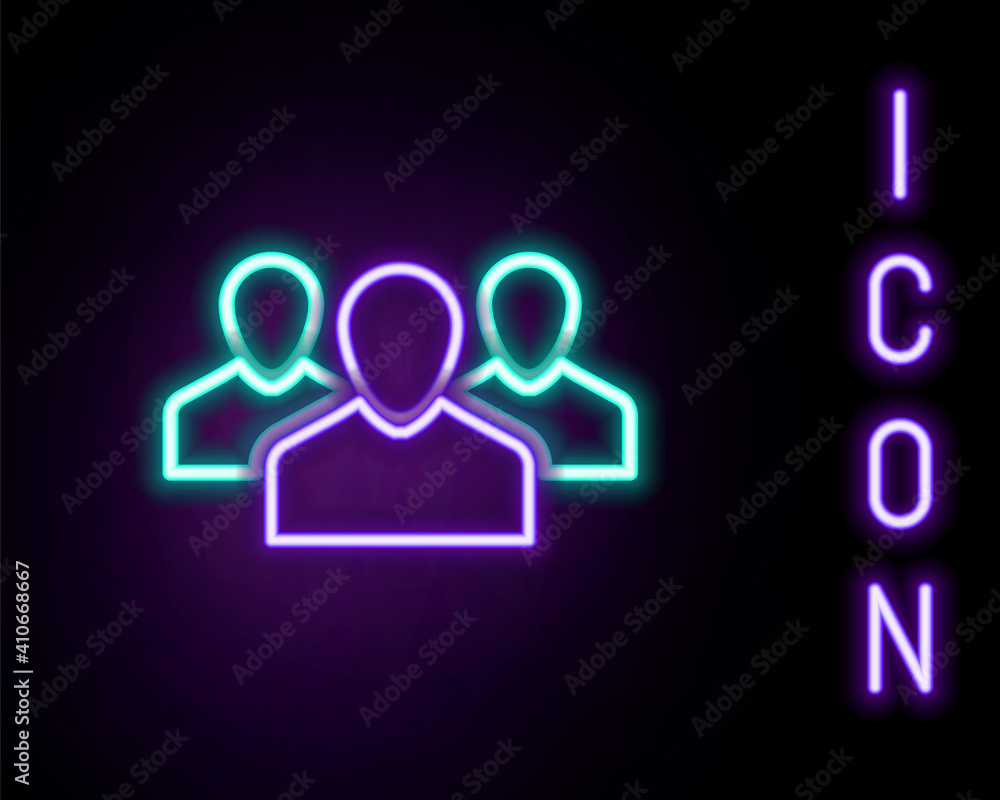 Glowing neon line Users group icon isolated on black background. Group of people icon. Business avatar symbol - users profile icon. Colorful outline concept. Vector. Glowing neon line Users group icon isolated on black background. Group of people icon. Business avatar symbol - users profile icon. Colorful outline concept. Vector.