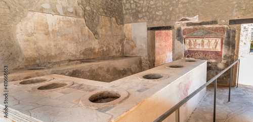 Thermopolium in the Casa del criptoportico House of the Cryptoporticus in the ancient roman site of Pompeii, near Naples. It was completely destroyed by the eruption of Mount Vesuvius.