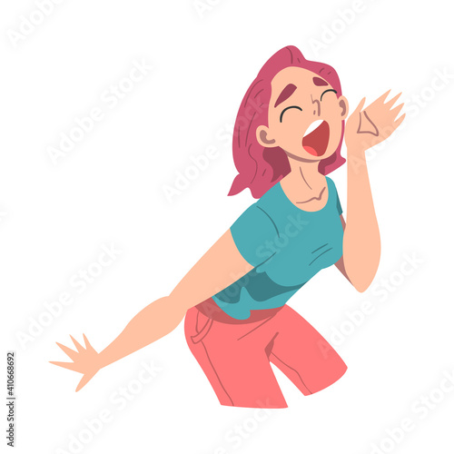 Woman Character Holding Hand Near Mouth and Shouting or Screaming Loud to the Side Vector Illustration