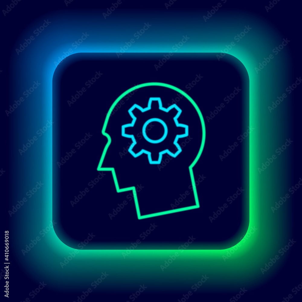 Glowing neon line Human head with gear inside icon isolated on black background. Artificial intelligence. Thinking brain. Symbol work of brain. Colorful outline concept. Vector. Glowing neon line Human head with gear inside icon isolated on black background. Artificial intelligence. Thinking brain. Symbol work of brain. Colorful outline concept. Vector.