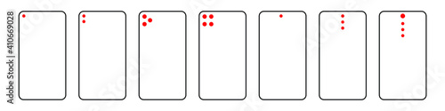 A set of one, two, three and four phone camera line vector icons. Smartphone element with digital camera module, portrait, zoom, vario and devices of different sizes.