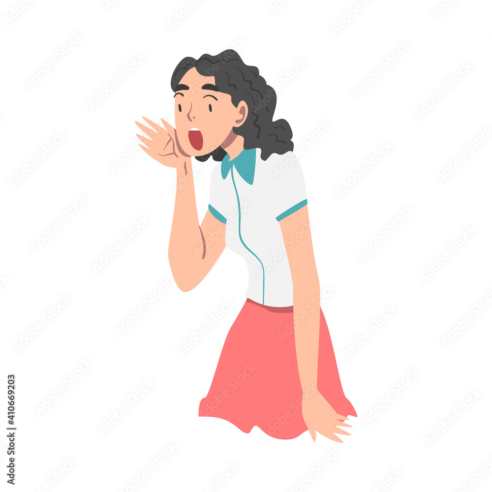 Woman Character Holding Hand Near Mouth and Shouting or Screaming Loud to the Side Vector Illustration Woman Character Holding Hand Near Mouth and Shouting or Screaming Loud to the Side Vector Illustration