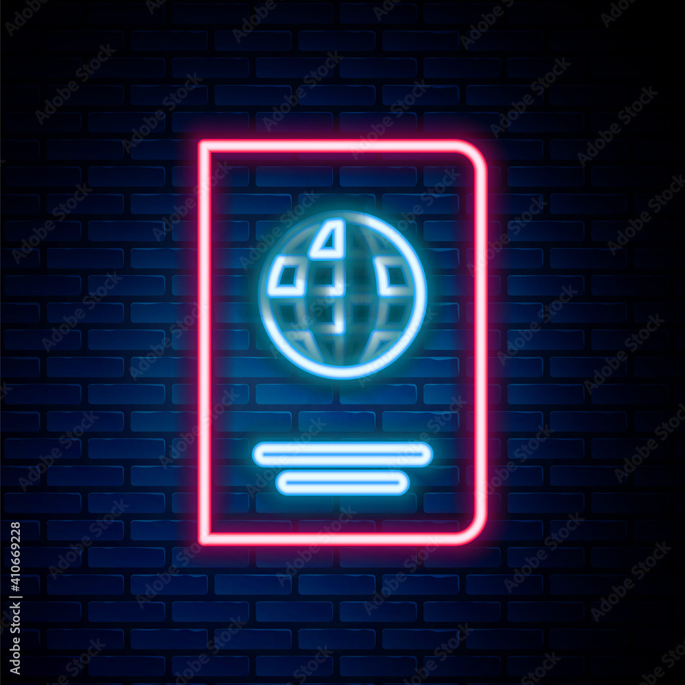 Glowing neon line Passport with biometric data icon isolated on brick wall background. Identification Document. Colorful outline concept. Vector. Glowing neon line Passport with biometric data icon isolated on brick wall background. Identification Document. Colorful outline concept. Vector.