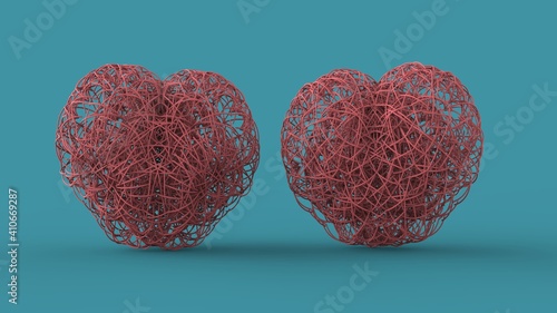 Same gender couple of pink lovely tangled wire heart for 14 february st valentines day holiday gift isolated on soft blue background 3d rendering image