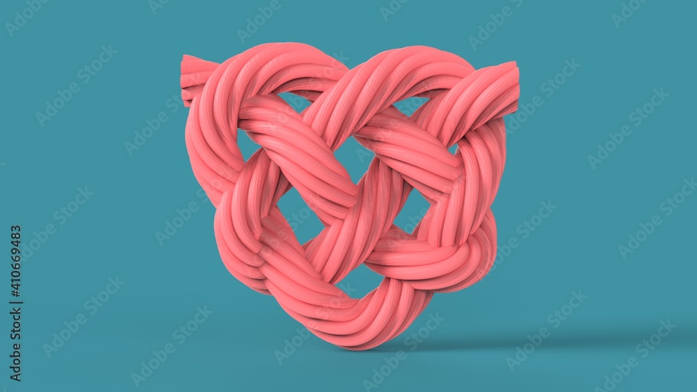Fototapeta premium Pink love tangled wire heart for 14 february st valentines day holiday gift isolated on soft blue background 3d rendering image