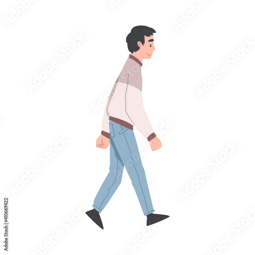 Man Character Going or Walking Taking Steps Forward Side View Vector Illustration