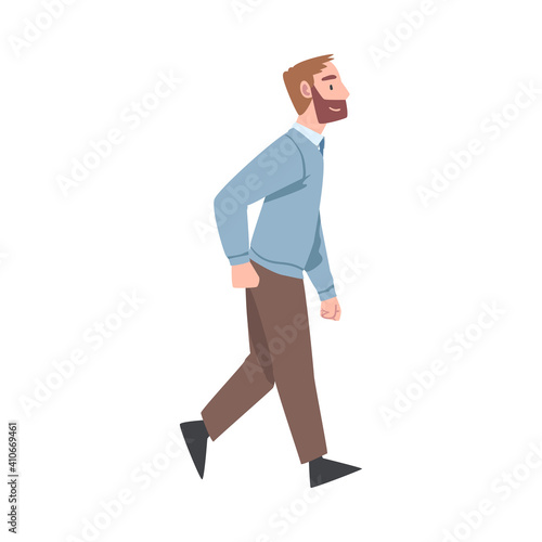 Bearded Man Character Going or Walking Taking Steps Forward Side View Vector Illustration