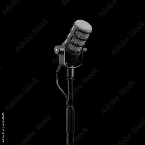 Podcast microphone on a tripod, a black metal dynamic microphone on an isolated black background, for recording podcast or radio program, show, sound and audio equipment, technology, product photo, dj