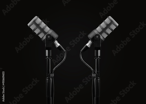 Two Podcast microphones on a tripod, a black metal dynamic microphone, isolated black background, recording podcast or radio program, show, sound and audio equipment, technology, product photo, dj