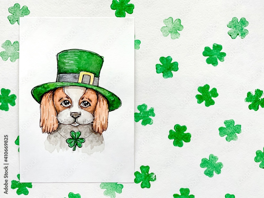 Watercolor sketch: puppy in green Irish cap, shamrock leaf. Saint Patricks Day painting. Watercolor sketch: puppy in green Irish cap, shamrock leaf. Saint Patricks Day painting.
