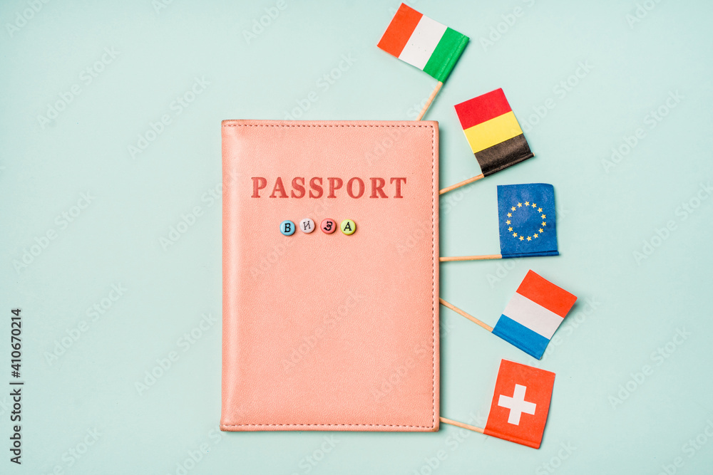 Travel concept passport from which the flags of different European