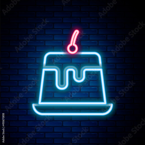 Glowing neon line Pudding custard with caramel glaze icon isolated on brick wall background. Colorful outline concept. Vector.