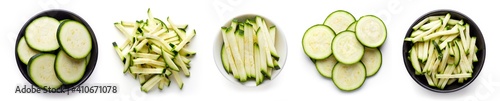 Fresh zucchini slices isolated on white, from above