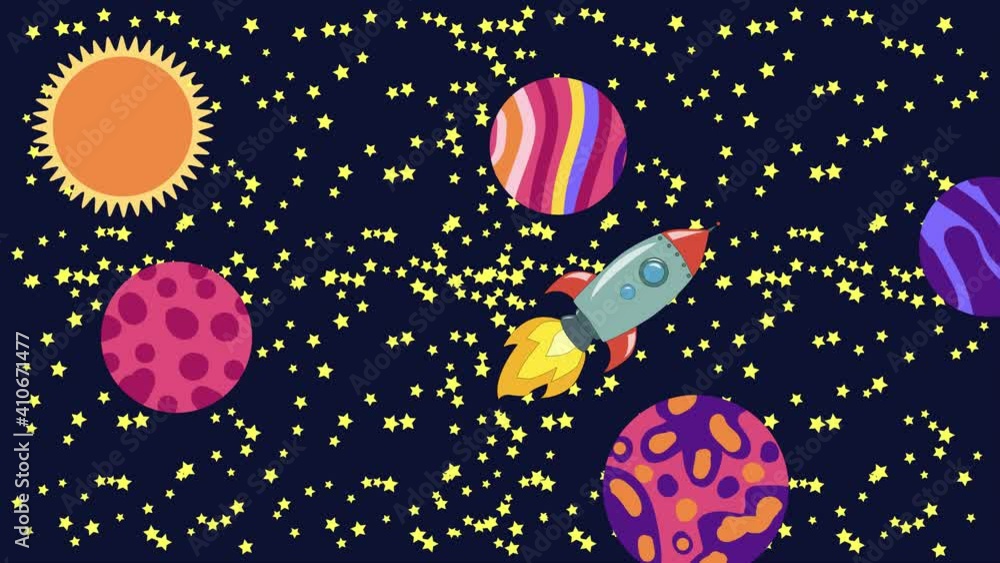 Cartoon Space. Cartoon rocket flies in outer space past the suspended planets, satellites and other objects. Flat loopback animation. Cartoon Space. Cartoon rocket flies in outer space past the suspended planets, satellites and other objects. Flat loopback animation.