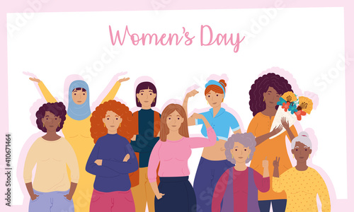 womens day lettering with group of interracial girls