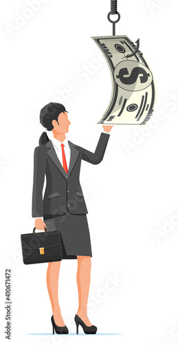 Businesswoman trying to get dollar on fishing hook. Money trap concept. Hidden wages, salaries black payments, tax evasion, bribe. Anti corruption. Vector illustration in flat style