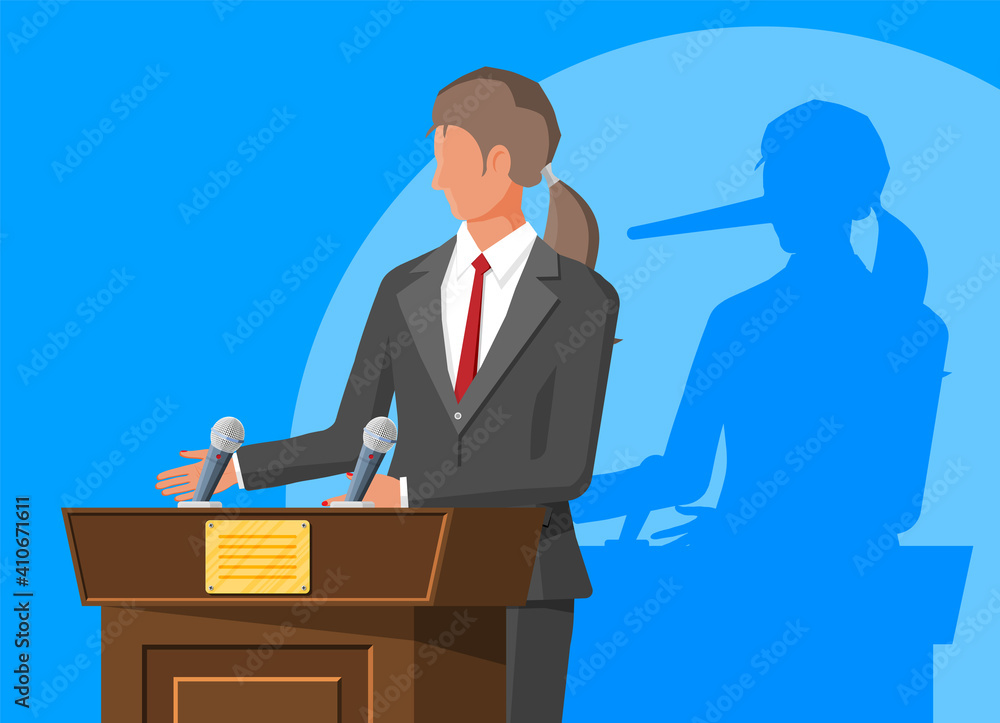 Businesswoman with long nose shadow on wall. Orator speaking from tribune. Public speaker. Liar, lying people in business. Cheat, fraud, scam, hoax and crime. Vector illustration in flat style Businesswoman with long nose shadow on wall. Orator speaking from tribune. Public speaker. Liar, lying people in business. Cheat, fraud, scam, hoax and crime. Vector illustration in flat style