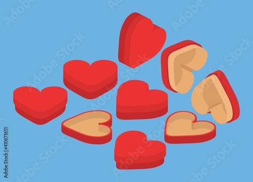 Set of red boxes in heart shape isolated on blue background