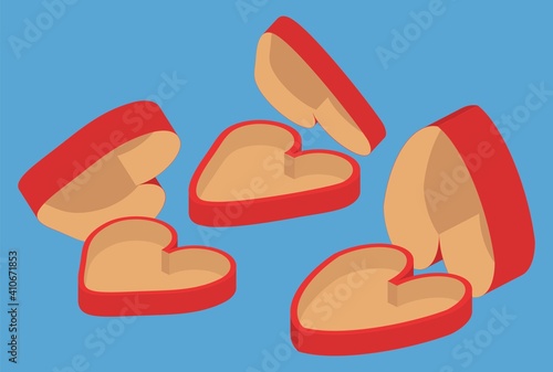 Set of red boxes in heart shape isolated on blue background