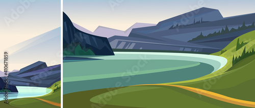 Beautiful norwegian fjord. Set of natural landscapes in vertical and horizontal orientation.