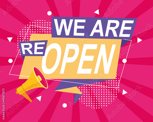 we are reopen commercial label with megaphone in pink background