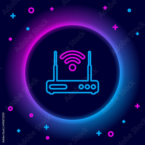 Glowing neon line Router and wi-fi signal symbol icon isolated on black background. Wireless ethernet modem router. Computer technology internet. Colorful outline concept. Vector.