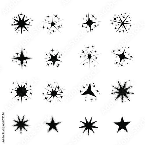 A set of vector black sparkling star symbols. sparks sparkle.