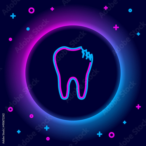 Glowing neon line Broken tooth icon isolated on black background. Dental problem icon. Dental care symbol. Colorful outline concept. Vector.