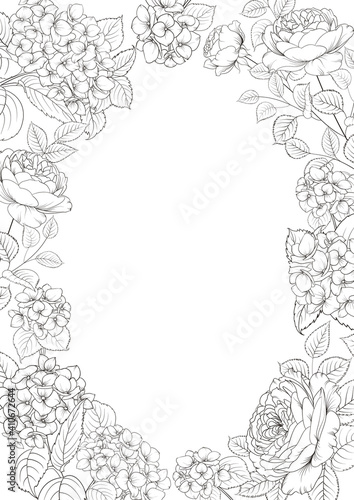Invitation card with blossom flower frame. Vector illustration.