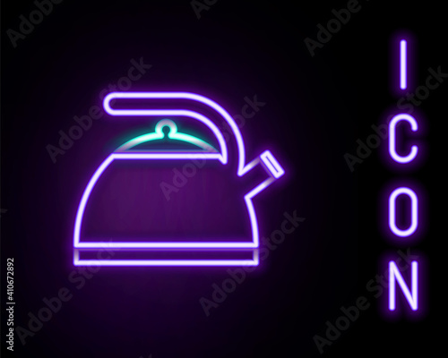 Glowing neon line Kettle with handle icon isolated on black background. Teapot icon. Colorful outline concept. Vector.