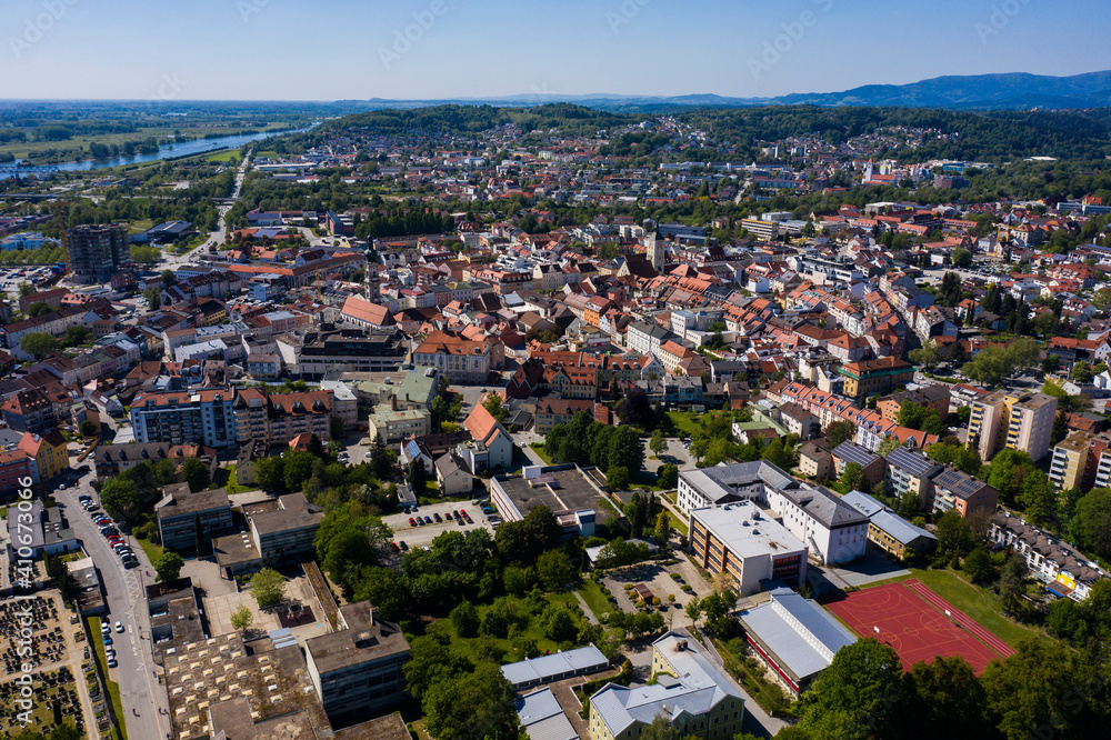 Aerial view of the city Deggendorf in Germany, Bavaria on a sunny spring day	