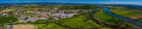 Aerial view of the city Bogen in Bayern in Germany, Bavaria on a sunny in spring 
