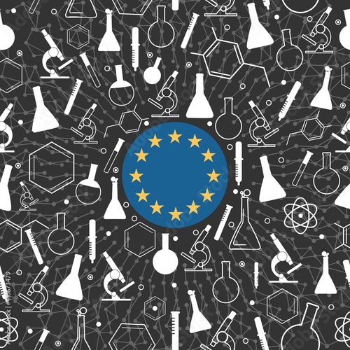 Chemistry creative concept. Circle frame with icons. Flag of European Union