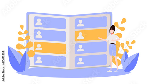 Man reading phone book or notebook. Concept of contact information of business partners, digital communication with company or community. Modern flat colorful vector illustration for poster.