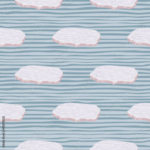 Cartoon arctic seamless pattern with light ice floe silhouettes. Blue striped background. Snow print.