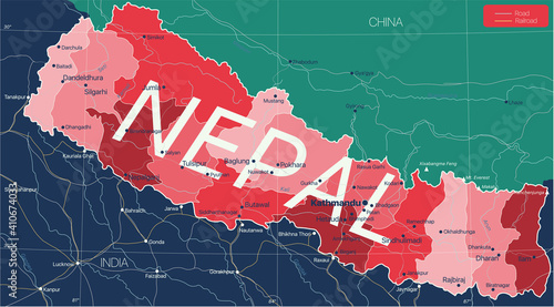 Nepal country detailed editable map with regions cities and towns, roads and railways, geographic sites. Vector EPS-10 file