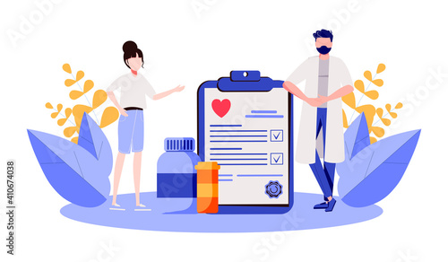 Pharmacist and patients presenting RX prescription. Doctor recommending painkiller drugs. Vector illustration for pharmacy, medication, disease, 