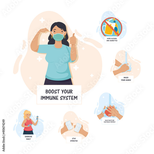 boost your immune system lettering with woman wearing medical mask and recommendations