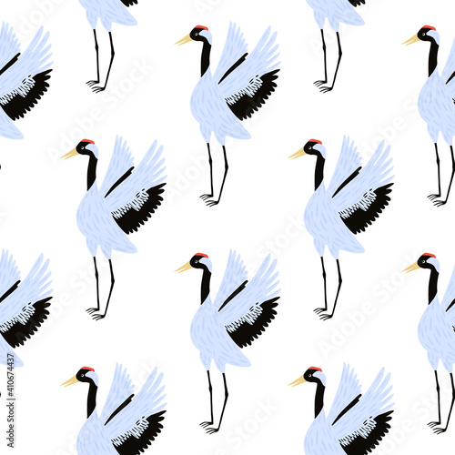 Zoo seamless isolated doodle pattern with blue colored cute crane bird ornament. White background.