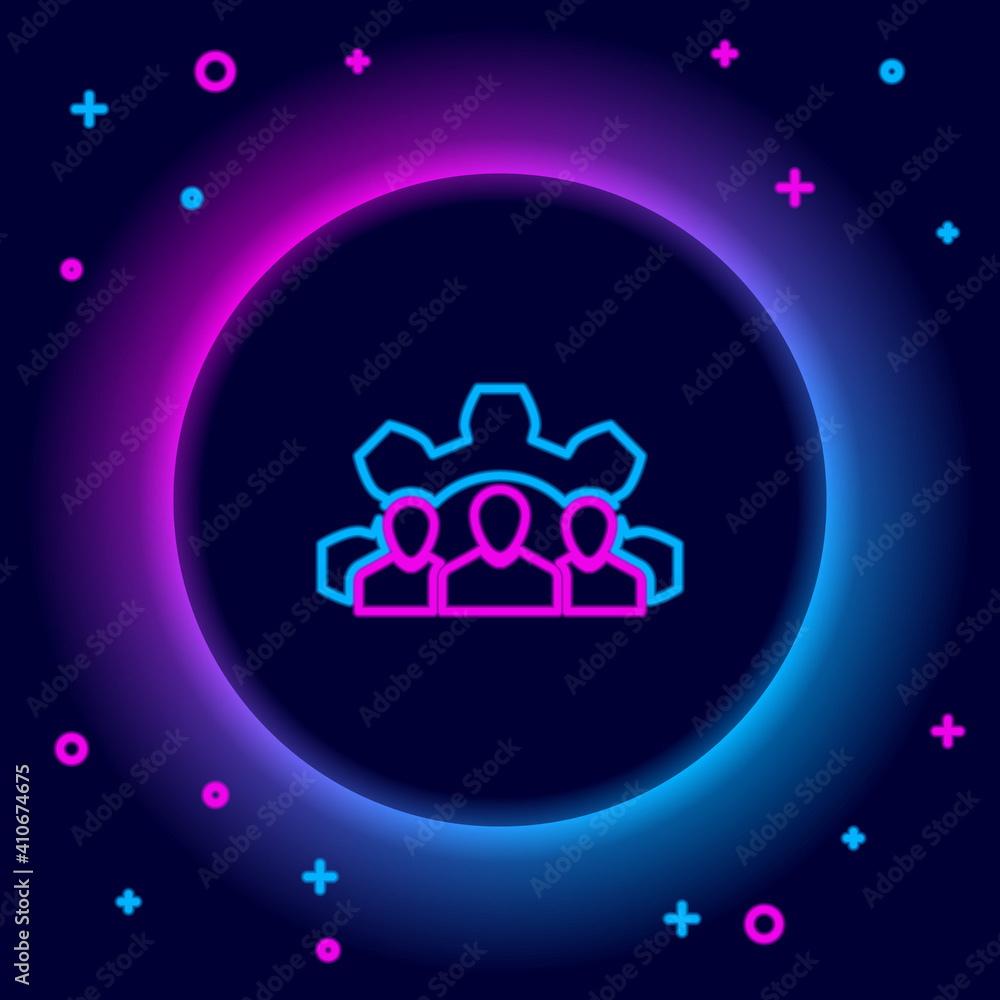 Glowing neon line Project team base icon isolated on black background. Business analysis and planning, consulting, team work, project management. Colorful outline concept. Vector.