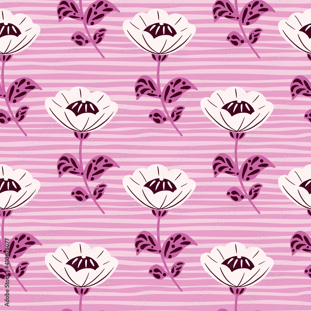 Fototapeta premium Vintage seamless pattern with white doodle folk flowers ornament. Pink striped background.