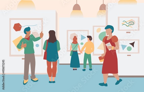 Man and woman visit gallery of modern art. Museum exibits Flat vector illustration