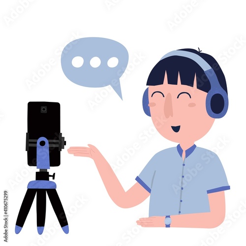 Mobile phone in tripod, teenager boy and bubble speech isolated on white. Cute talking young male vlogging. Hand drawn child blogging concept. Kid influencer in flat style. Fun Vector illustration
