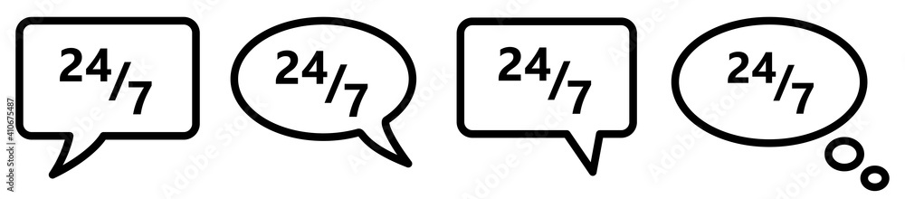 24 7 icon in speech bubble, different version. Contact for nonstop support concept 24 7 icon in speech bubble, different version. Contact for nonstop support concept